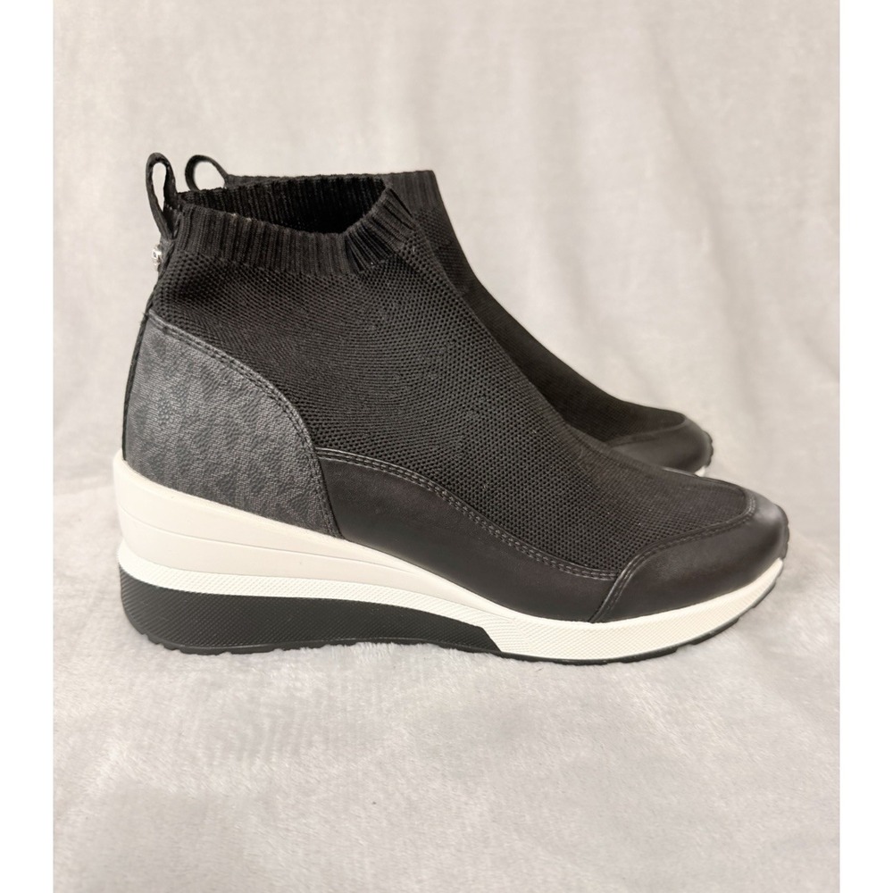 Michael Kors Skyler Sock Bootie Shoe Wedge Sneaker SZ 8 Black White Stretch